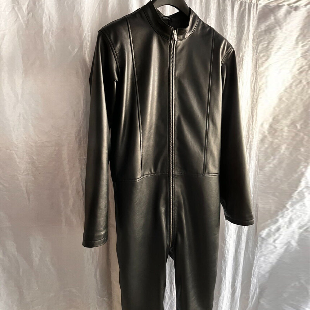 Side angle of Men’s Black Leather Slim Fit Bodysuit, highlighting slim fit and premium sheepskin leather.