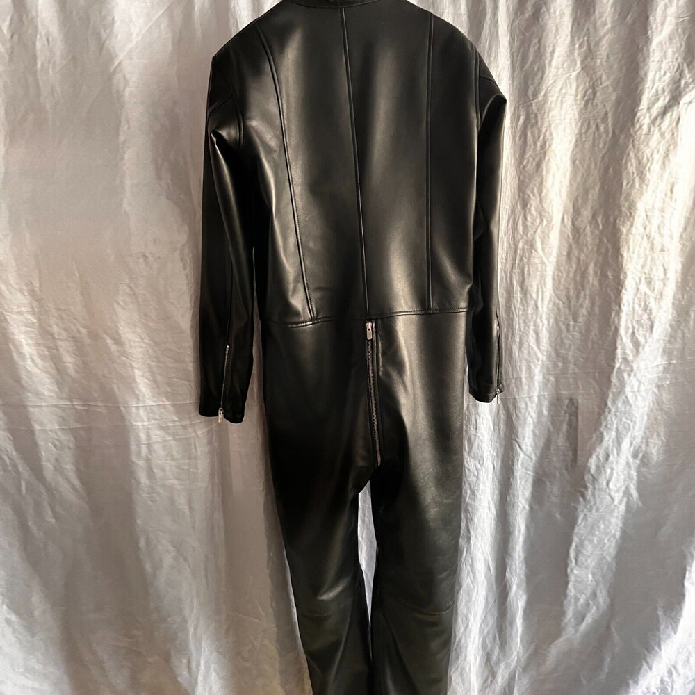 Back view of Men’s Black Leather Slim Fit Bodysuit, featuring a tailored fit and stand-up collar.