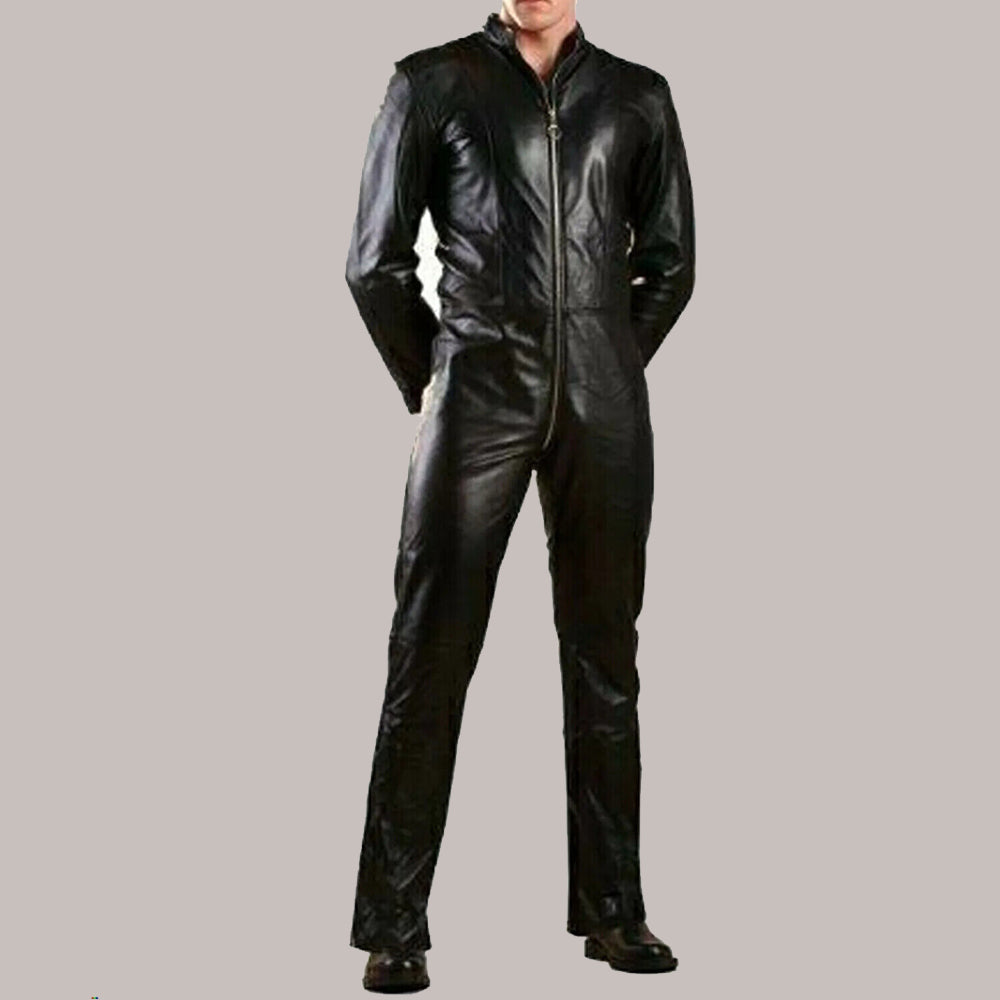 Man modeling Men’s Black Leather Bodysuit in a front pose, showcasing professional style and fit.