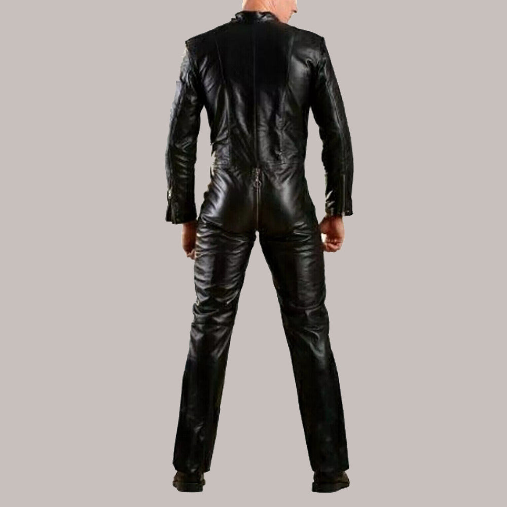 Man modeling Men’s Black Leather Bodysuit in a back pose, highlighting comfort and sleek design.