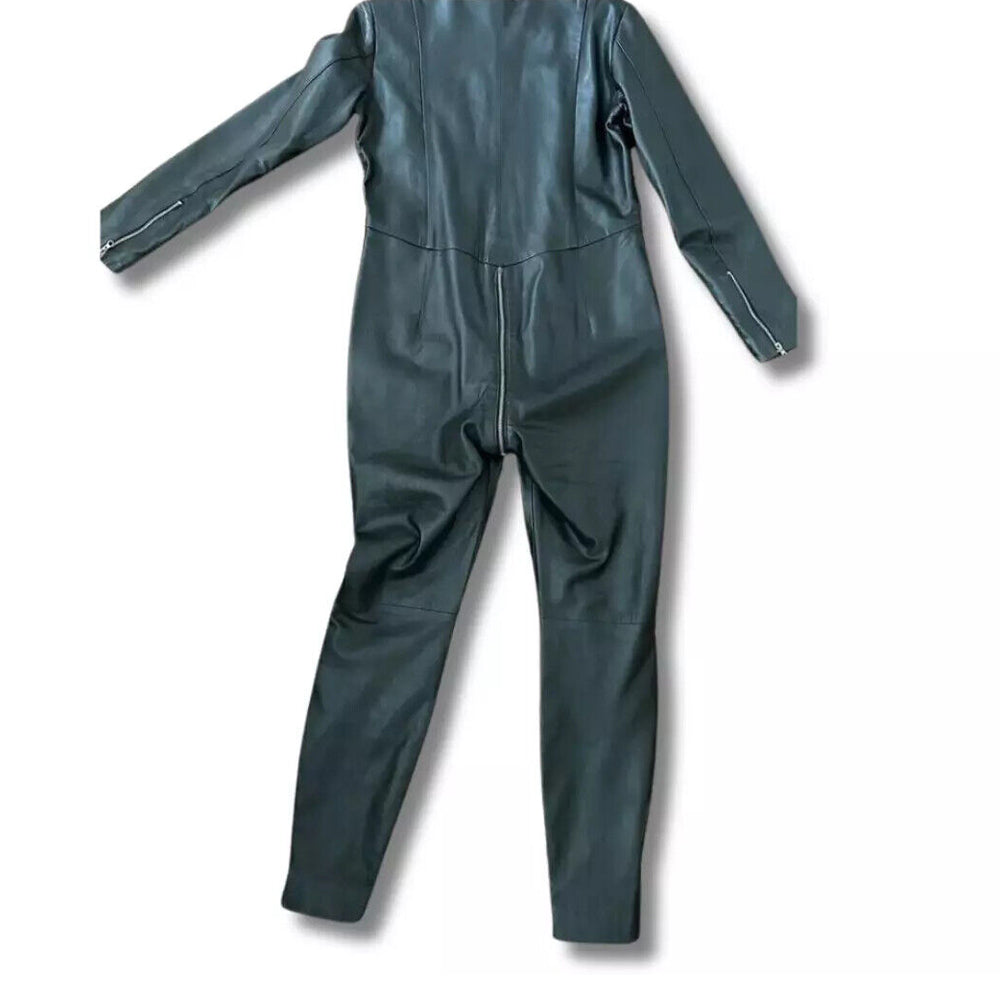 Premium Genuine Leather Jumpsuit - Back view highlighting zipper pockets, long sleeves with zipper ends, and durable stitching.