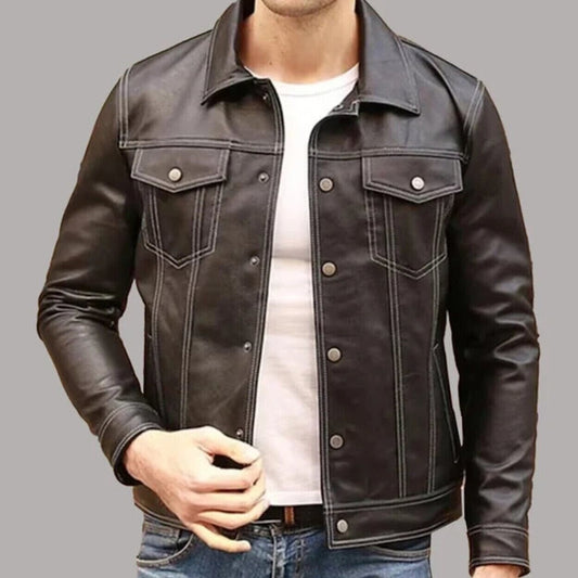 Front view of Men's Brown Sheepskin Leather Trucker Shirt featuring a point collar, button-down closure, and solid brown design made from genuine leather.