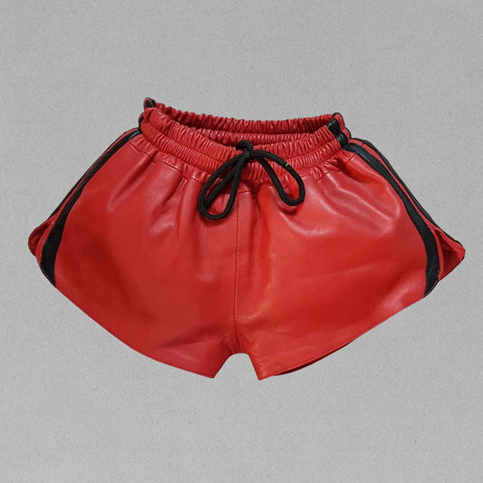 Men's Red Lambskin Leather Shorts – Soft, Genuine Leather with Drawstring Closure, Perfect for Casual Wear & Sports.