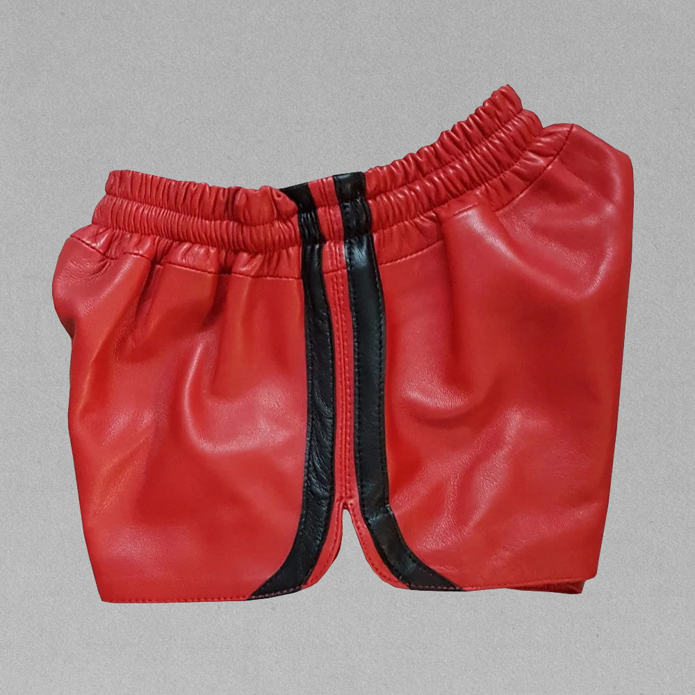 Trendy Red Leather Shorts for Men – Sleek Design, Premium Lambskin Material, Perfect for Fashion-Forward Looks.