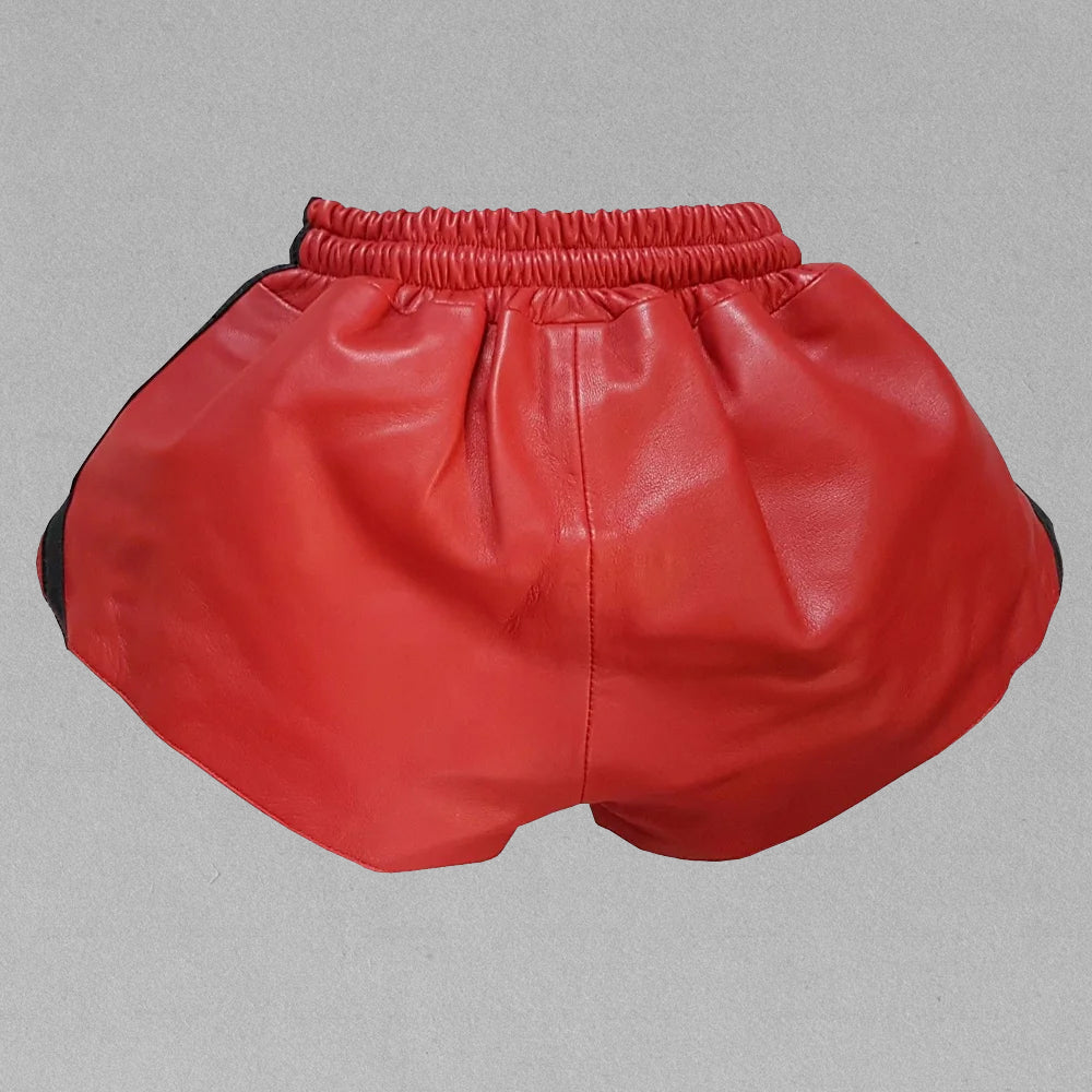 Stylish Men's Red Leather Shorts – Smooth Lambskin Finish, Comfortable Fit, Ideal for Parties, Travel & Streetwear.