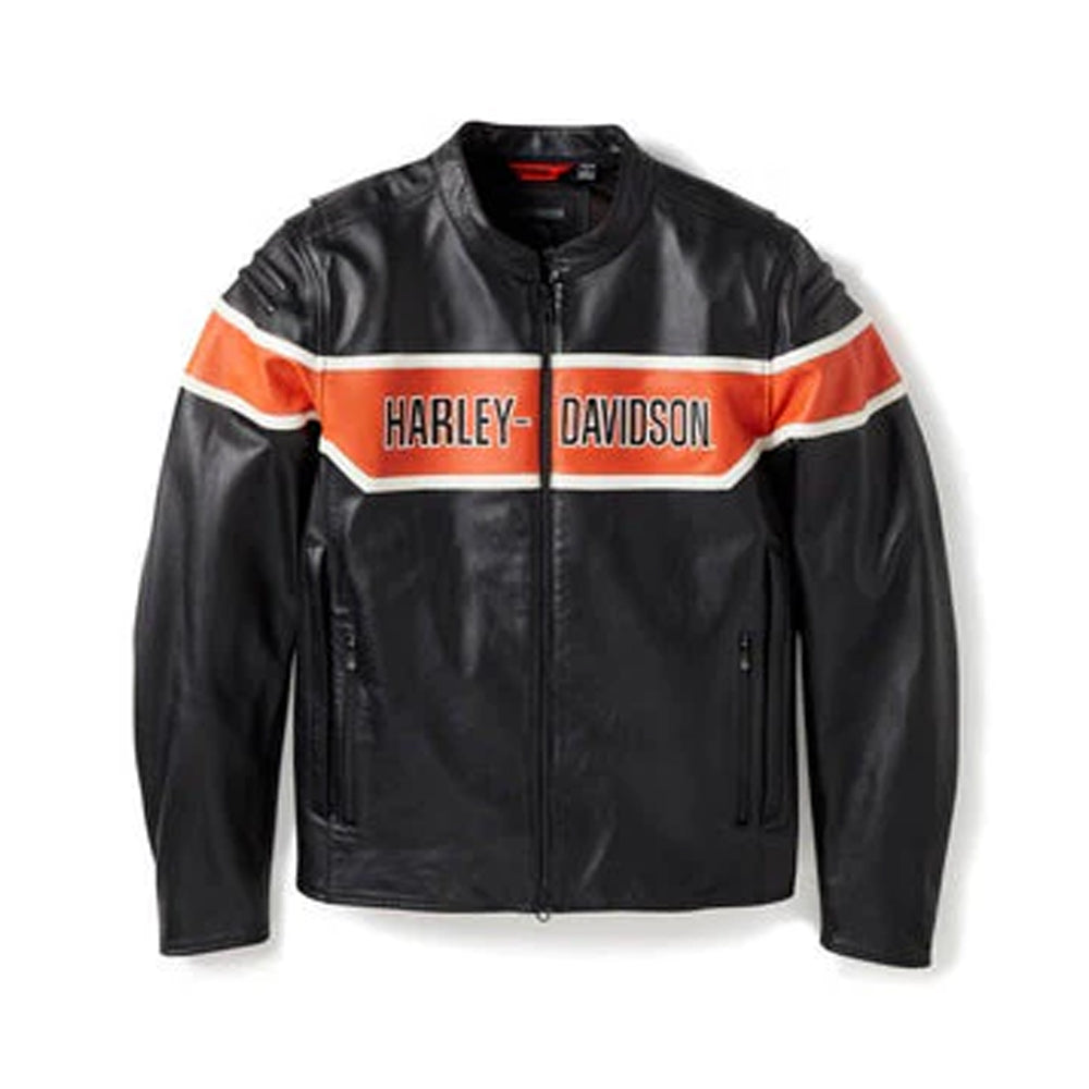 Black leather jacket with orange and white stripe featuring Harley-Davidson logo on a white background