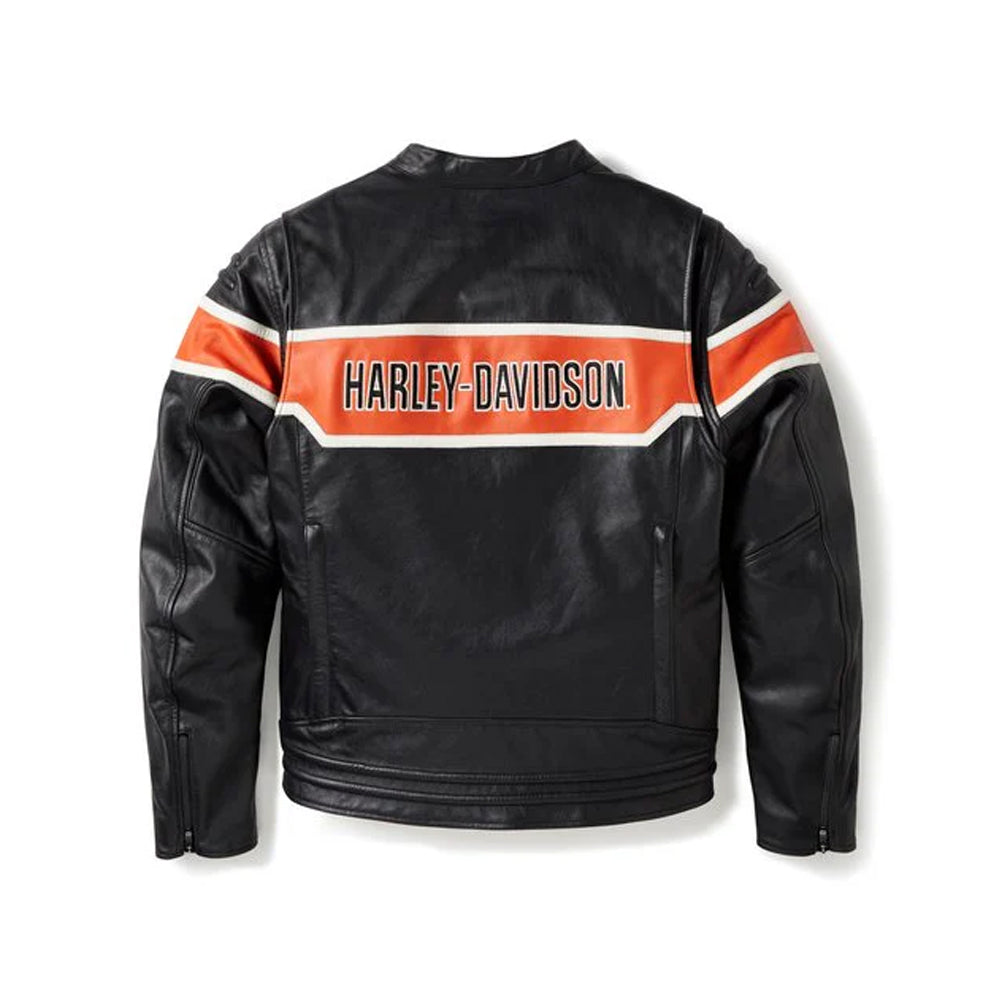 Black leather jacket with orange and white stripe featuring Harley-Davidson logo on a white background