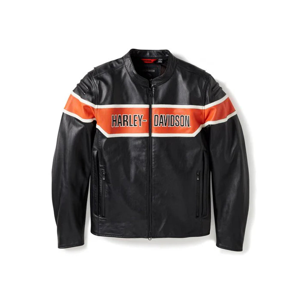 Black leather jacket with orange and white stripes featuring Harley-Davidson logo on a white background