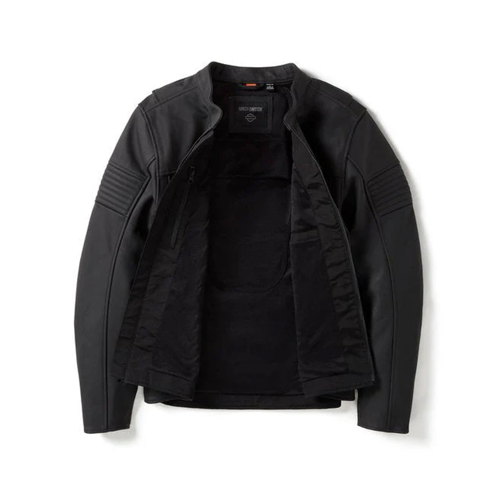 Interior lining of men’s Harley Davidson leather motorcycle jacket showing mesh lining, armor pockets, and premium construction.