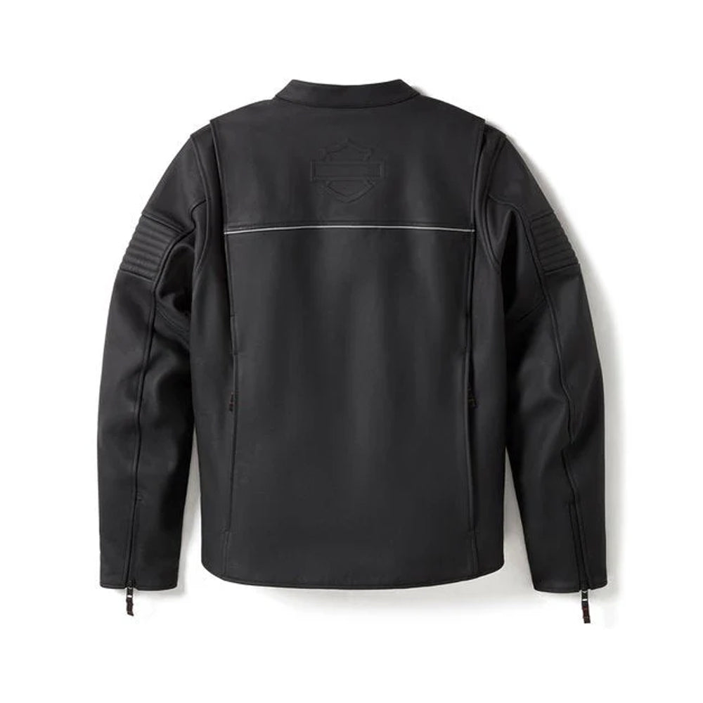 Back view of men’s Harley Davidson leather motorcycle jacket with reflective safety features and ergonomic biker design.