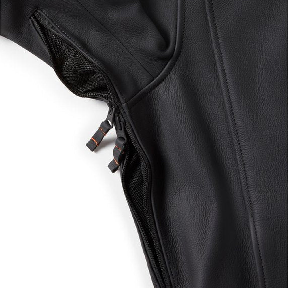 Underarm ventilation zippers on men’s Harley Davidson leather motorcycle jacket for airflow and cooling during riding.