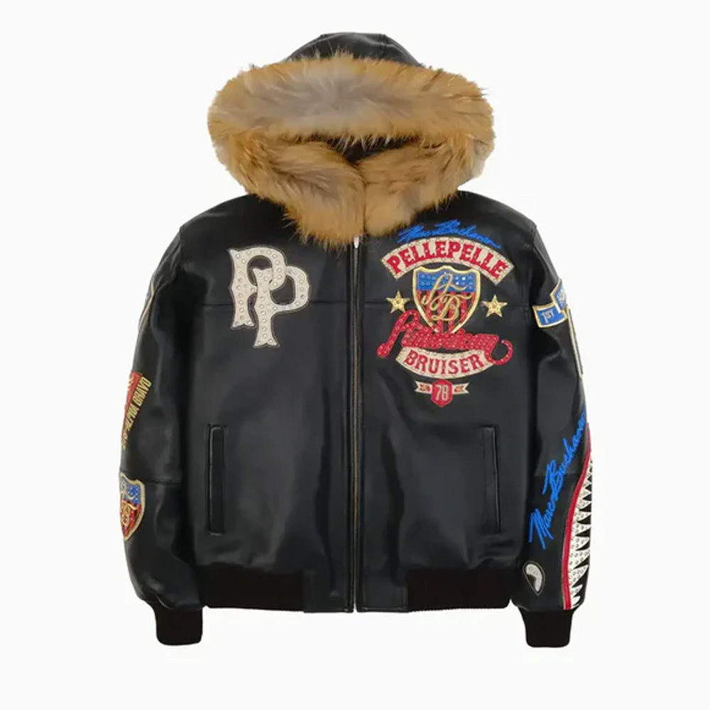 Men's Pelle Pelle American Bruiser Hooded Leather Jacket Black Front View