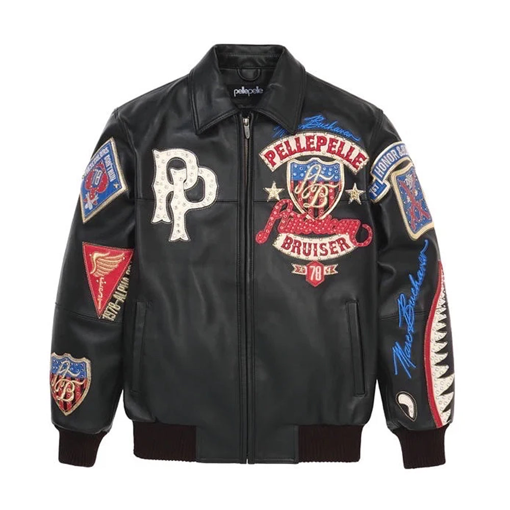Front view of Pelle Pelle American Bruiser men’s black leather varsity jacket