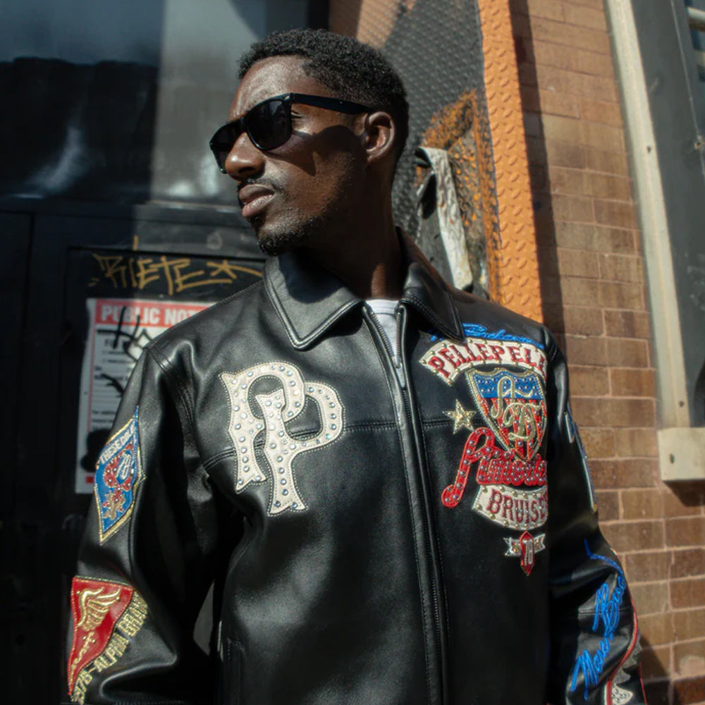 Close-up of embroidered patches on Pelle Pelle American Bruiser leather jacket