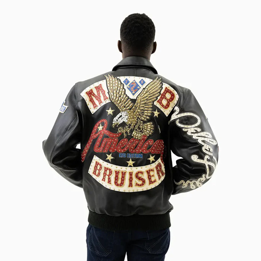 Full view of men wearing Pelle Pelle American Bruiser black leather jacket