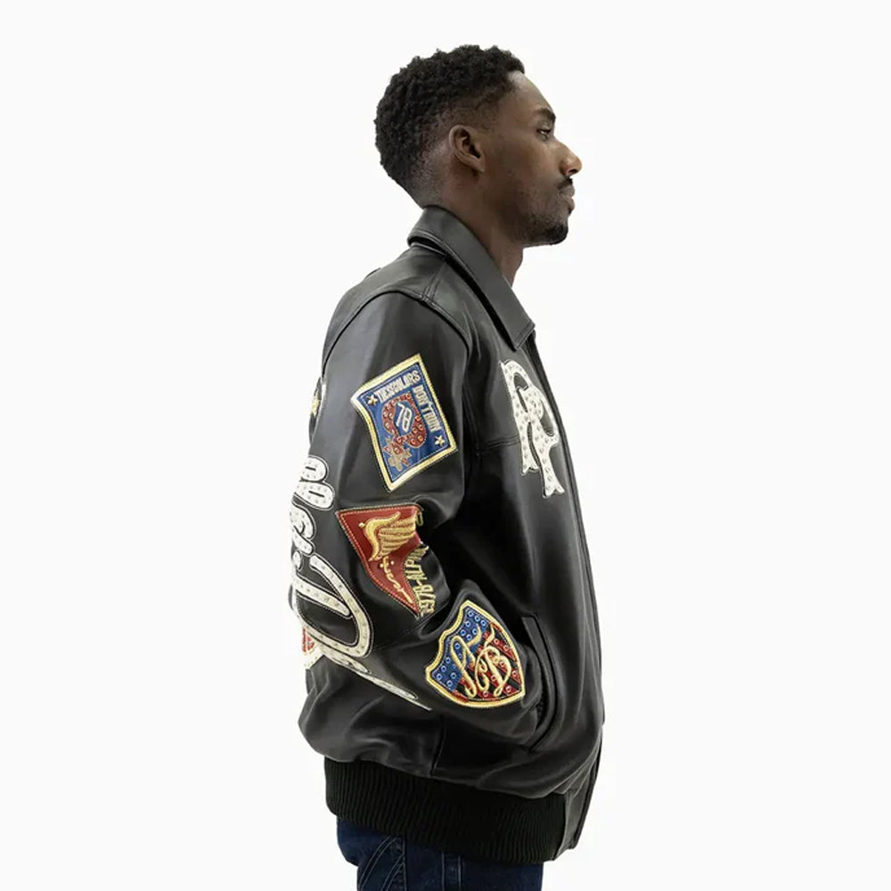 Leather collar detail on men’s Pelle Pelle American Bruiser varsity jacket