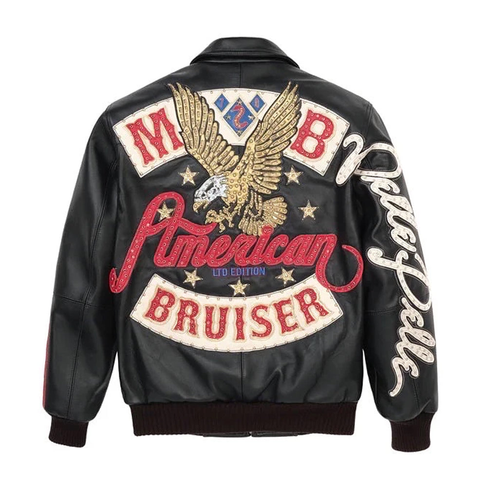 Back view of Pelle Pelle American Bruiser black leather varsity jacket with embroidery