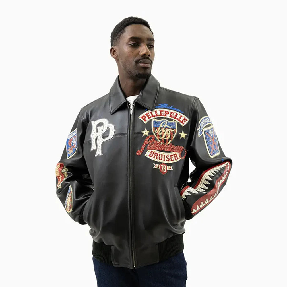 Streetwear styling of Pelle Pelle American Bruiser leather varsity jacket