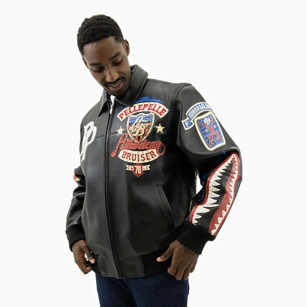 Close-up of embroidered patches on Pelle Pelle American Bruiser leather jacket