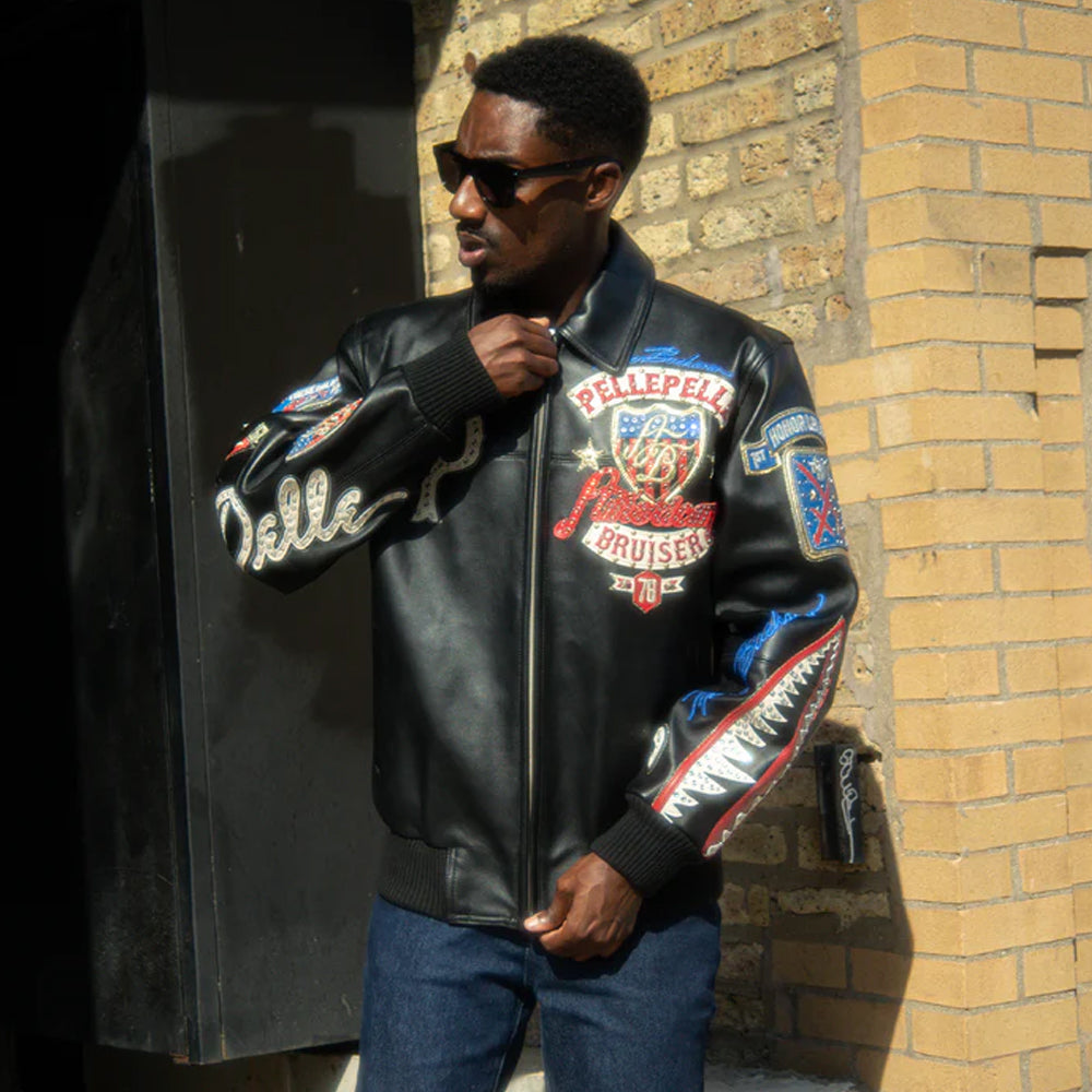 Front zipper and button details on Pelle Pelle American Bruiser men’s leather jacket