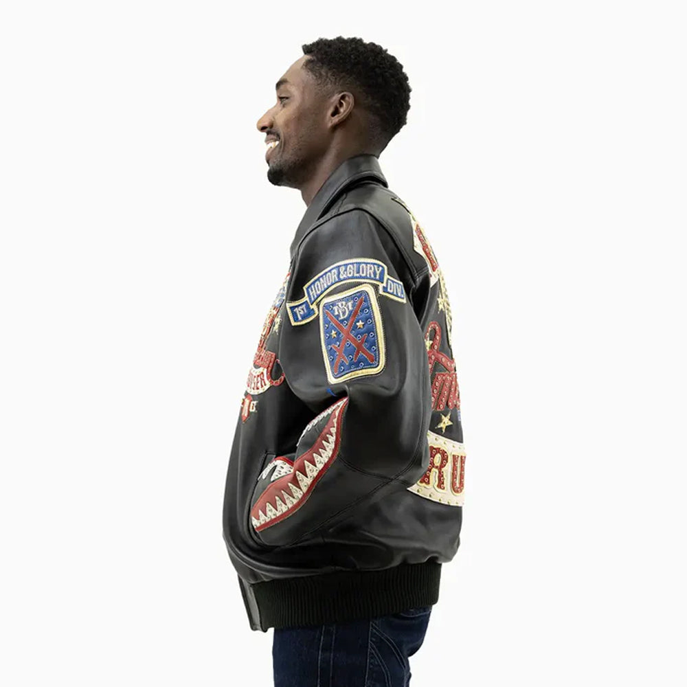 Side view of men’s Pelle Pelle American Bruiser leather jacket showing plush design