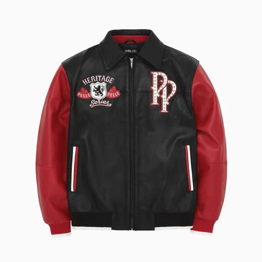 Pelle Pelle Black and Red Heritage Leather Jacket Front View – Two-Tone Soda Club Varsity Bomber for Men