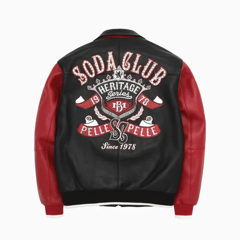 Pelle Pelle Heritage Series Leather Jacket Back View – Oversized Soda Club Applique with Rhinestones and Stud Detailing