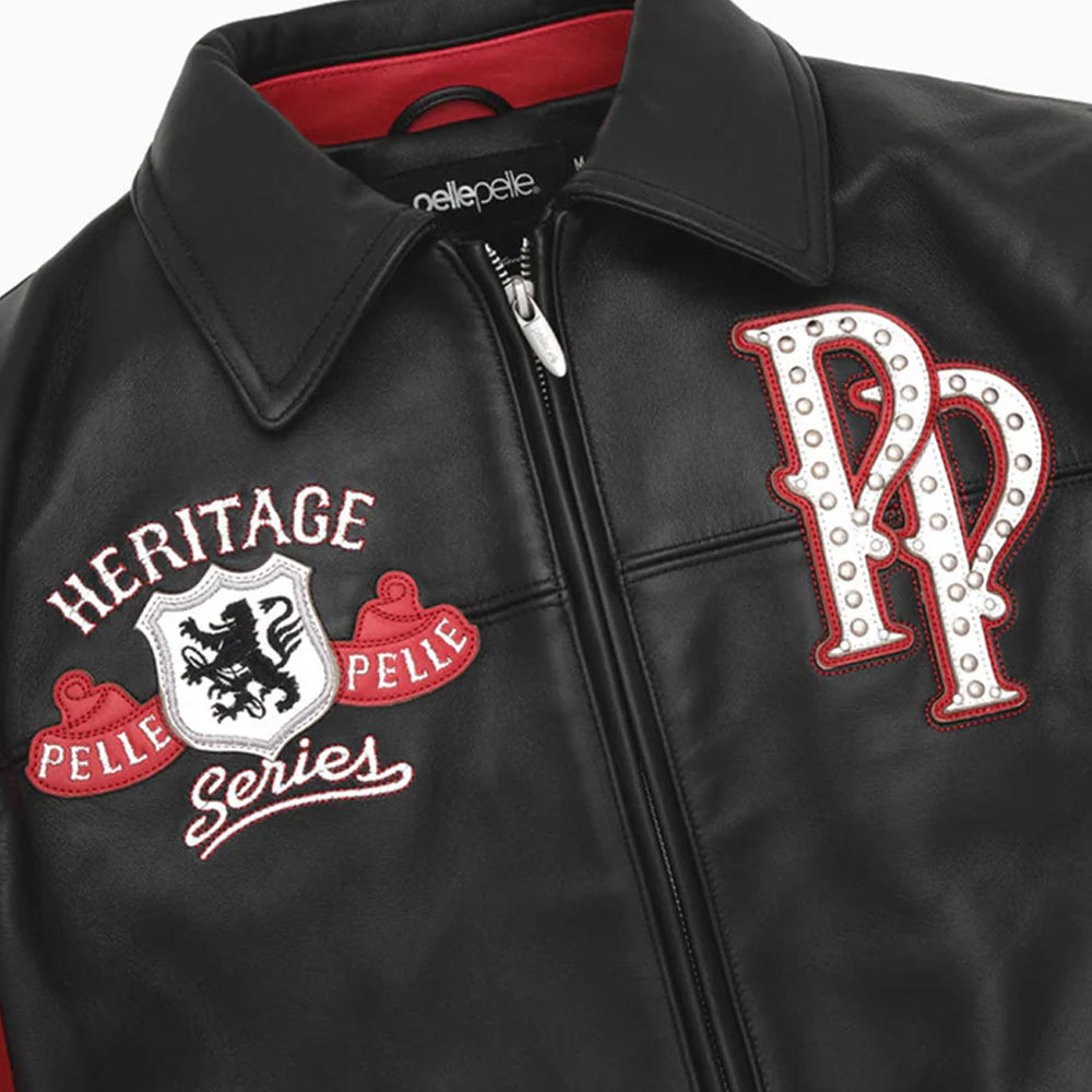Close-Up of Pelle Pelle Heritage Leather Jacket Chest Patches – Double P Applique and Heritage Series Embroidery Detail
