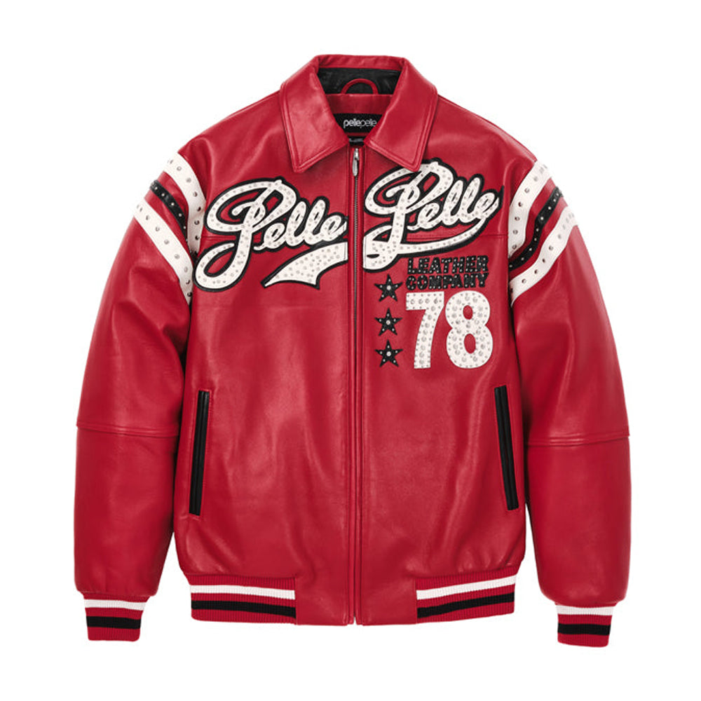 Men’s Pelle Pelle Encrusted Red Leather Varsity Jacket Front View – Plush Bomber with Rhinestone Logo and 78 Patch