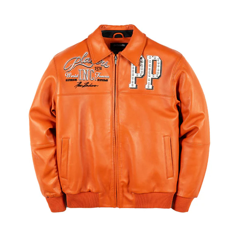 Men’s Pelle Pelle Players Orange Leather Jacket Front View – Embroidered Vintage Bomber with Studded Details