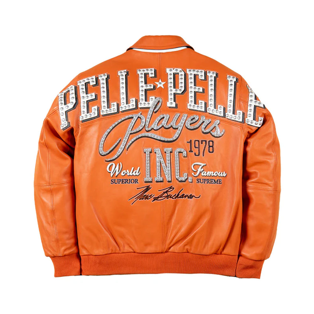 Men’s Pelle Pelle Players Orange Leather Jacket Back View – Oversized Players Inc Embroidered Graphic with Metal Studs