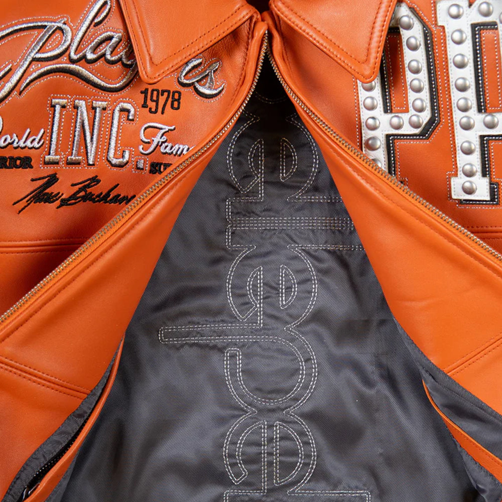 Pelle Pelle Players Orange Leather Jacket Satin Lining Close-Up – Direct Embroidered Pelle Pelle Branding Interior