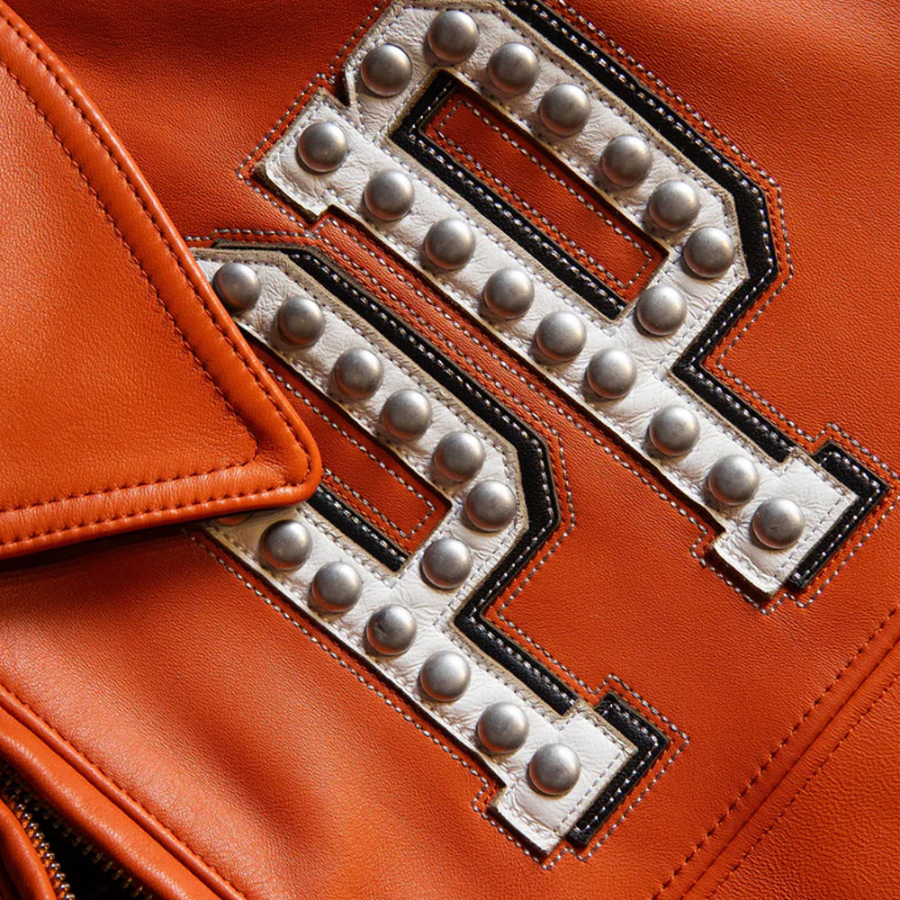 Pelle Pelle Players Jacket PP Leather Patch Close-Up – 2-Ply Leather Patch with Half-Dome Metal Studs on Chest