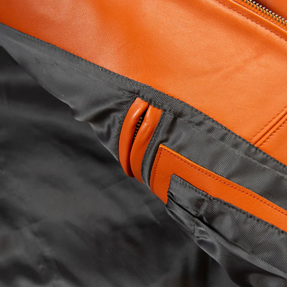 Pelle Pelle Players Orange Leather Jacket Inner Pocket and Lining – Satin Interior with Branding and Storage Pocket