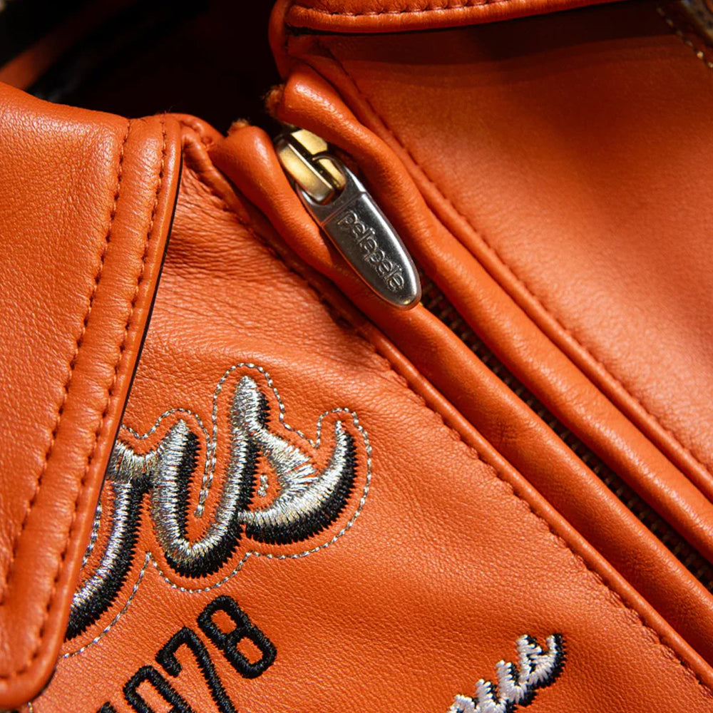 Pelle Pelle Players Jacket Front Zipper Close-Up – Custom Branded Pelle Pelle Metal Zip