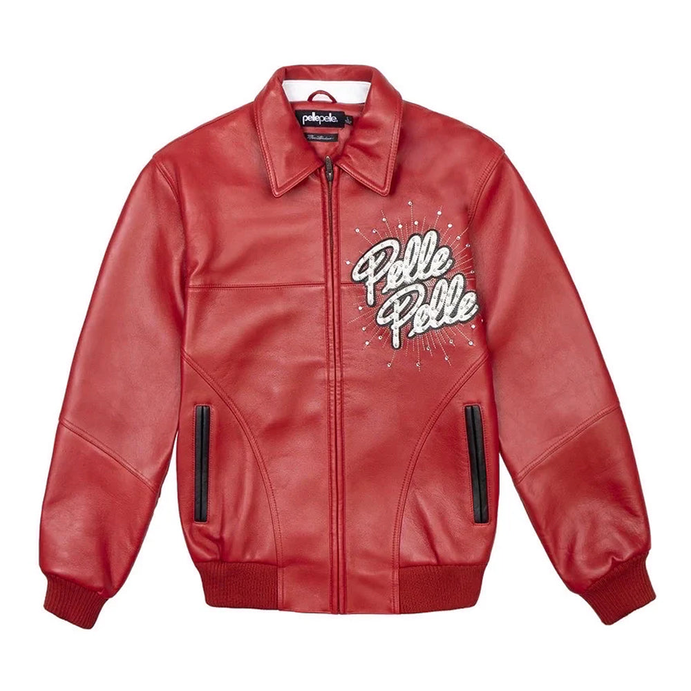 Front view of Pelle Pelle Soda Club Red Leather Varsity Jacket – World Famous plush leather bomber