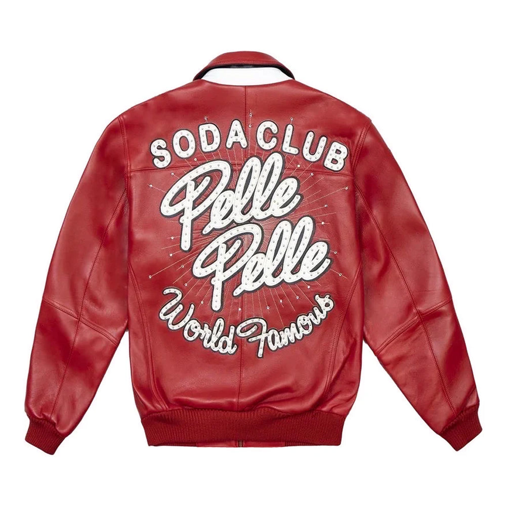 Back view of Pelle Pelle Red Soda Club World Famous Leather Varsity Jacket with oversized applique