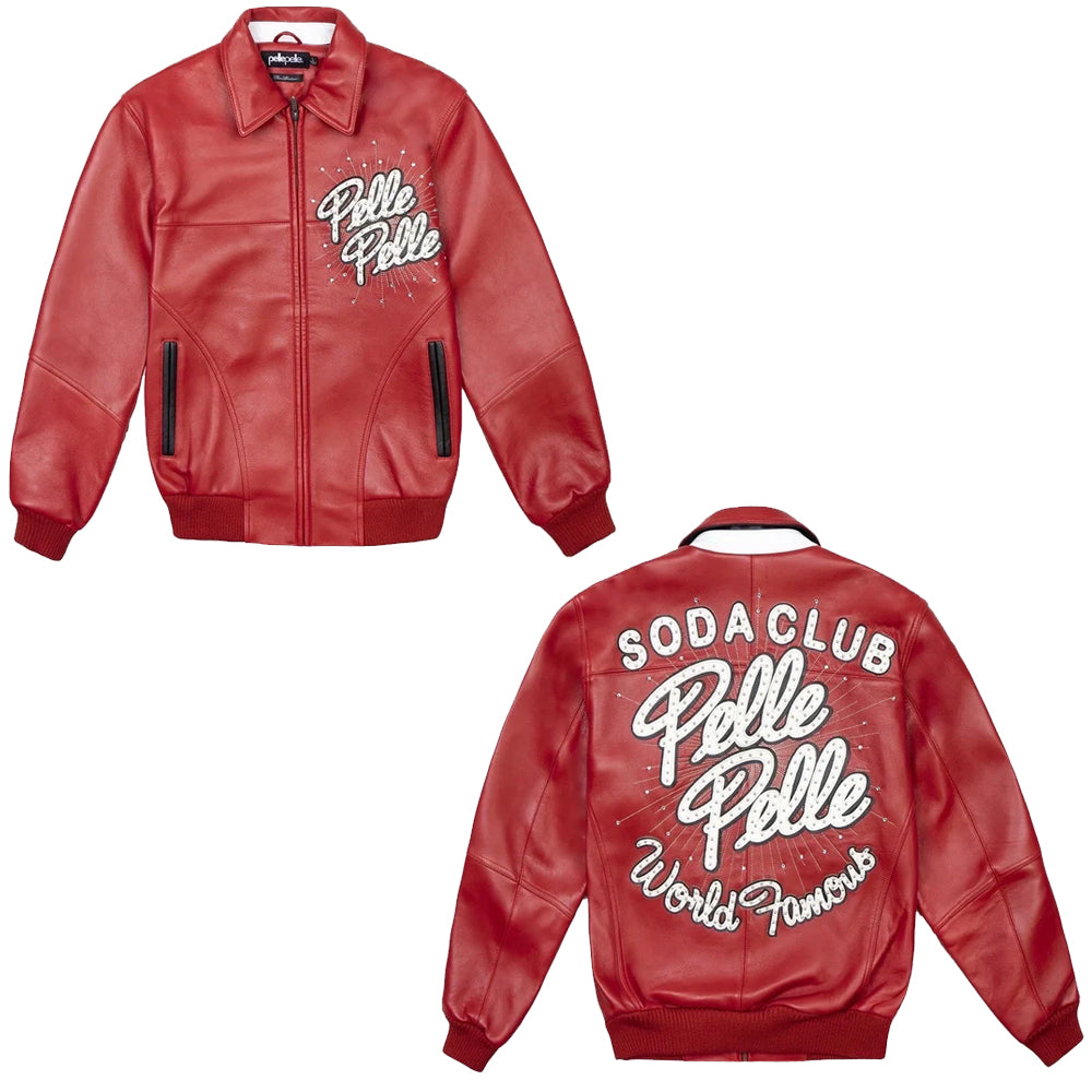 Pelle Pelle Soda Club Red Leather Varsity Jacket showing front and back World Famous detailing