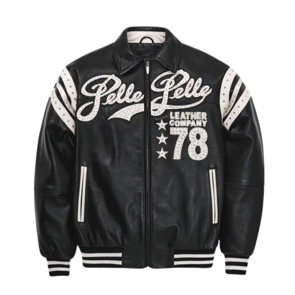 Men’s Pelle Pelle Wild Style Black Leather Jacket Front View – Premium Varsity Bomber with Rhinestone Logo and 78 Patch