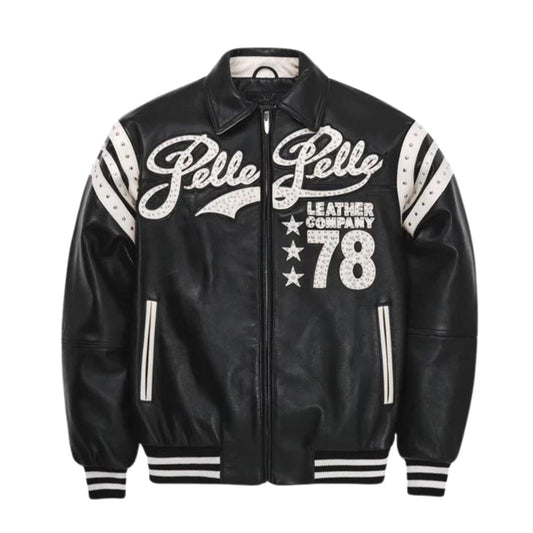 Men’s Pelle Pelle Wild Style Black Leather Jacket Front View – Premium Varsity Bomber with Rhinestone Logo and 78 Patch