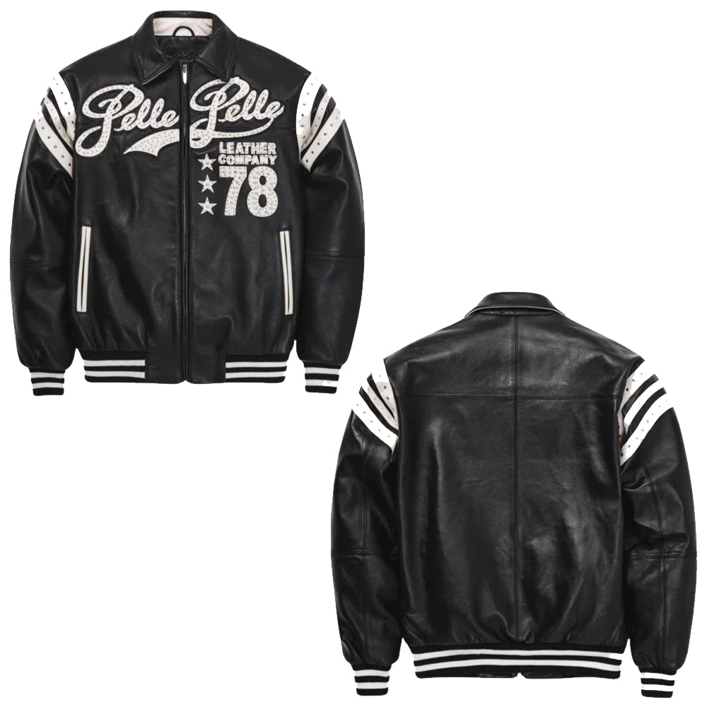Men’s Pelle Pelle Wild Style Black Leather Jacket Front and Back – Premium Varsity Bomber with Embroidered Graphics and Rhinestone Details
