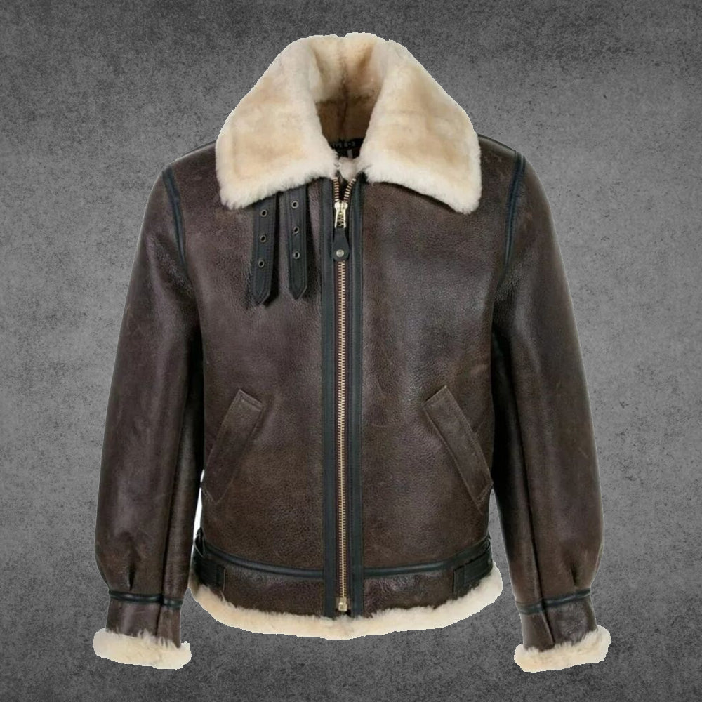 Men's Vintage B3 Bomber Brown Shearling Jacket - Front View. Real sheepskin leather with plush fur lining and classic RAF aviator design.