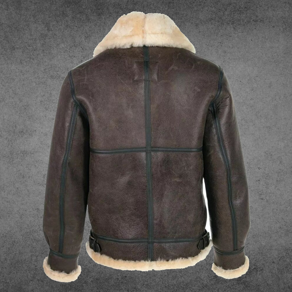 Men's Vintage B3 Bomber Shearling Jacket - Back View. Elegant brown sheepskin leather showcasing durable craftsmanship and timeless style.