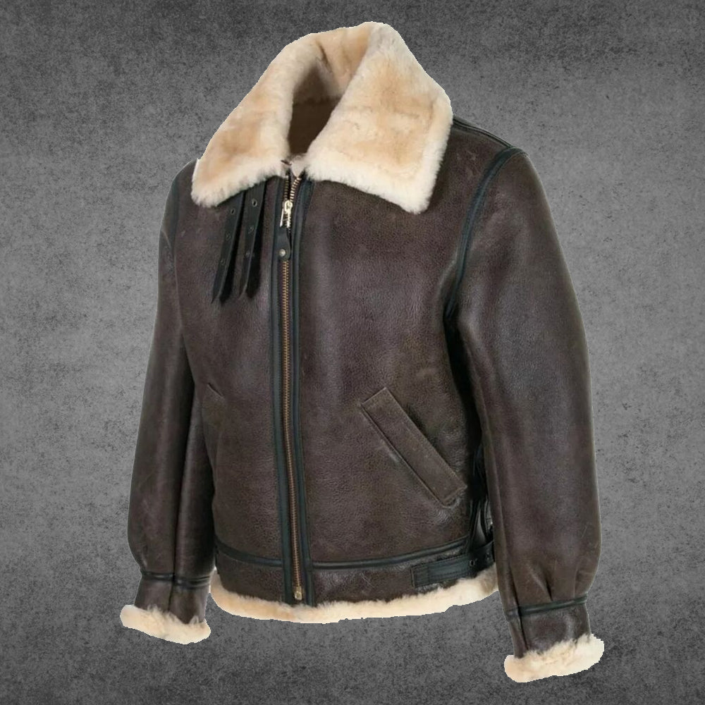 Men's Vintage B3 Bomber Shearling Jacket - Side View. Iconic aviator details with fur trims, buckle accents, and a sleek bomber silhouette.