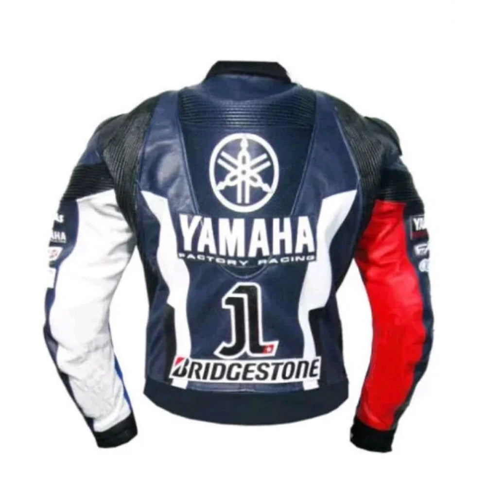 Men’s Yamaha leather motorcycle jacket back view, Yamaha-inspired racing biker leather jacket with durable stitching