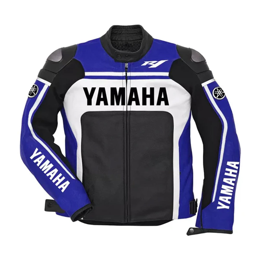 Men’s Yamaha racing leather jacket front view in blue black motorcycle biker design