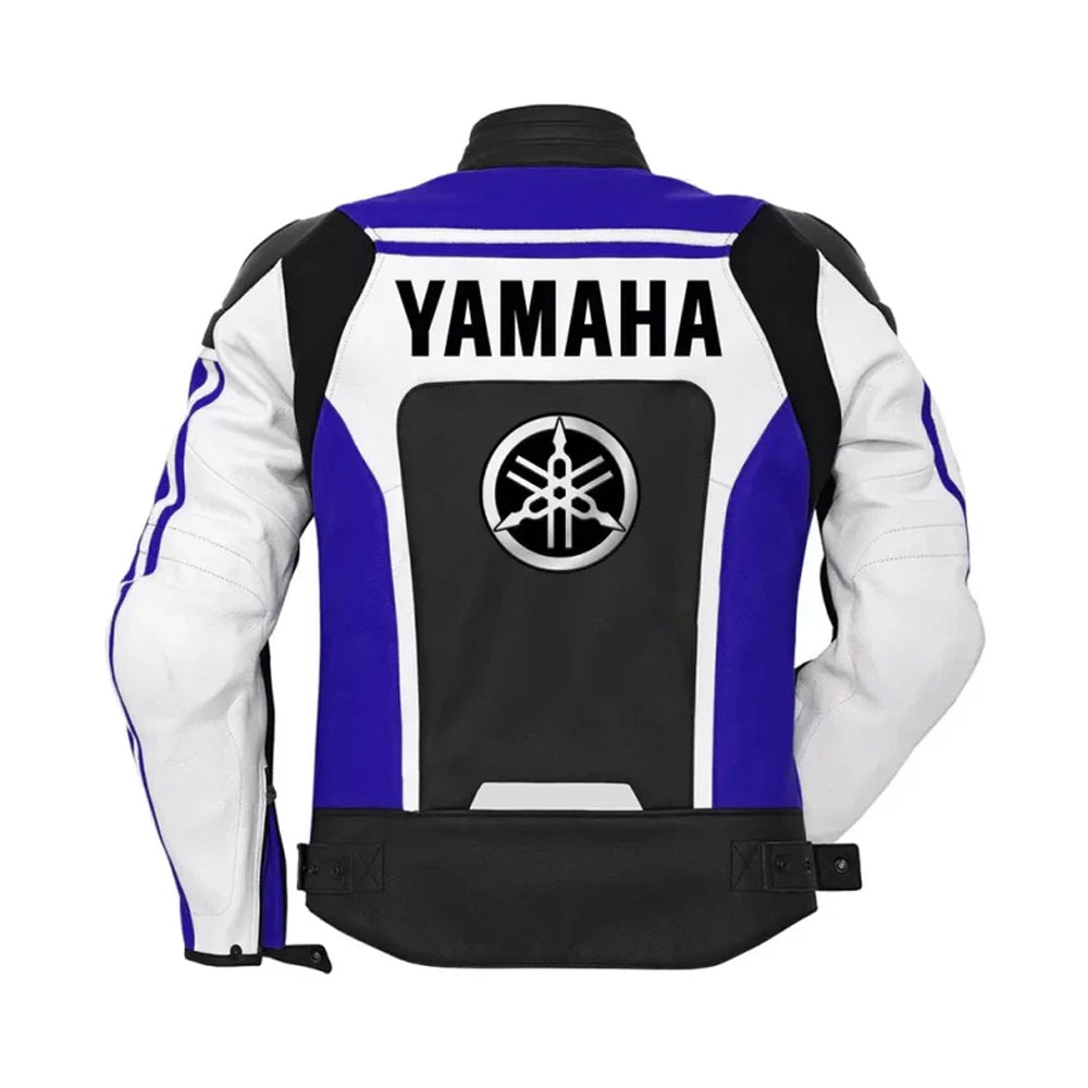 Men’s Yamaha racing leather jacket back view with sporty racing graphics