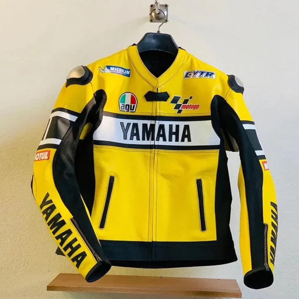 Men’s Yamaha Racing Yellow Motorcycle Leather Jacket front view, premium genuine leather biker jacket with racing design and reinforced stitching