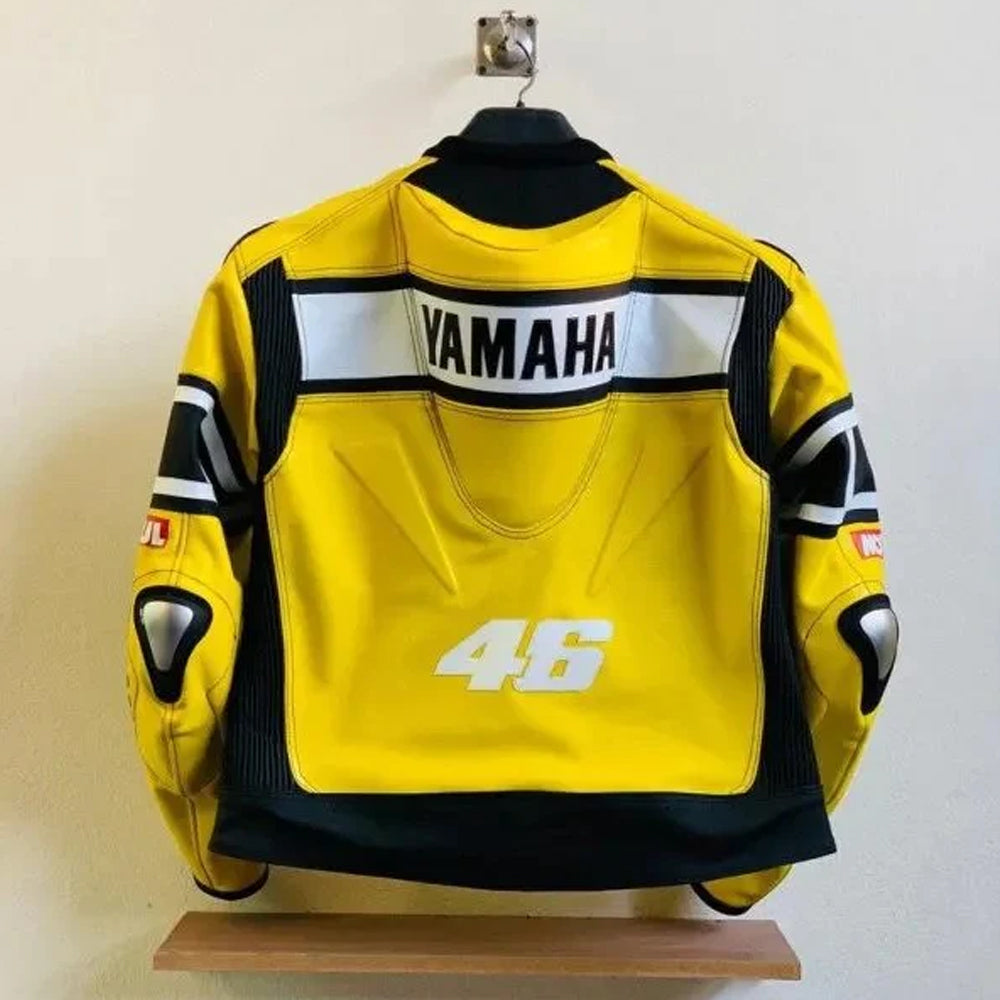 Men’s Yamaha Racing Yellow Motorcycle Leather Jacket back view, durable leather biker jacket with Yamaha-inspired racing accents and wind-resistant shell