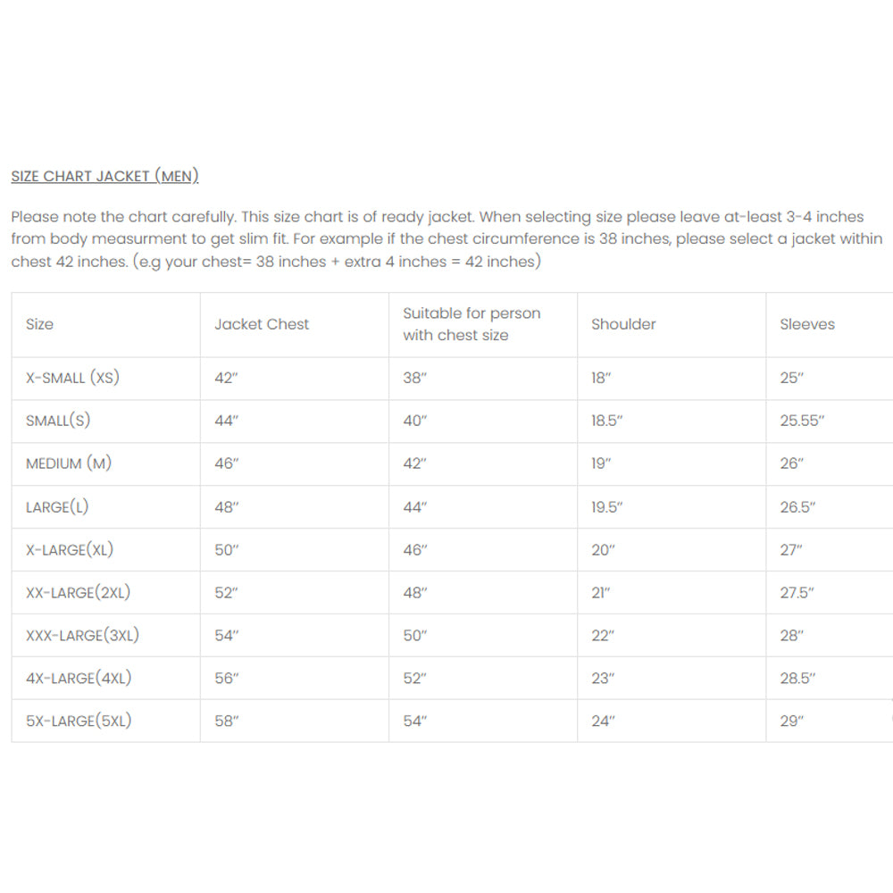 Size chart for men's tobacco brown shearling cargo trench coat showing chest, shoulder, sleeve and length measurements